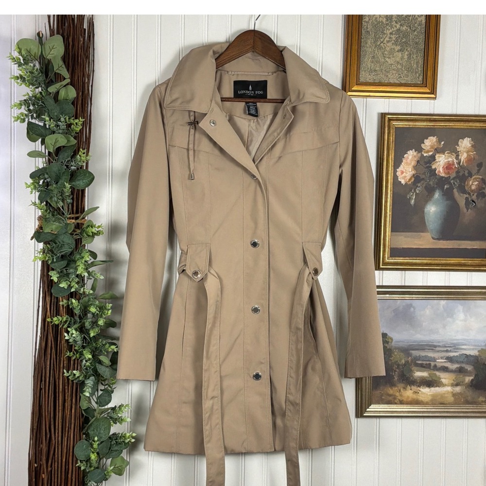 London Fog Trench Coat Women Small Tan Excellent Hooded Belted Rain Jacket